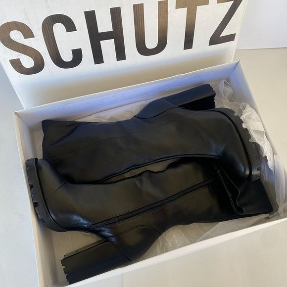 NIB SCHUTZ S-TALL BLACK LEATHER LUG SOLE KNEE HIGH BOOTS SZ 8.5 - Picture 8 of 13